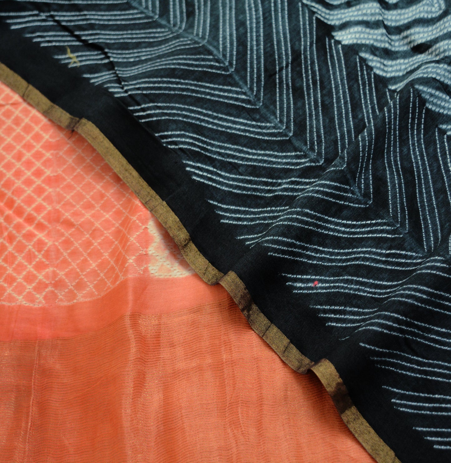 Indian Vintage Peach & Black Dupatta Long Stole Hand Block Print Pure Chanderi Silk Indian Scarves Veil Golden Zari