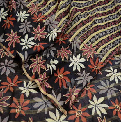 Indian Vintage Sari Black Pure Chiffon Silk hand Painted Saree Craft Fabric Sewing 5Yard Soft Light Sari Floral Dress Making
