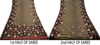 Indian Vintage Sari Black Pure Chiffon Silk hand Painted Saree Craft Fabric Sewing 5Yard Soft Light Sari Floral Dress Making