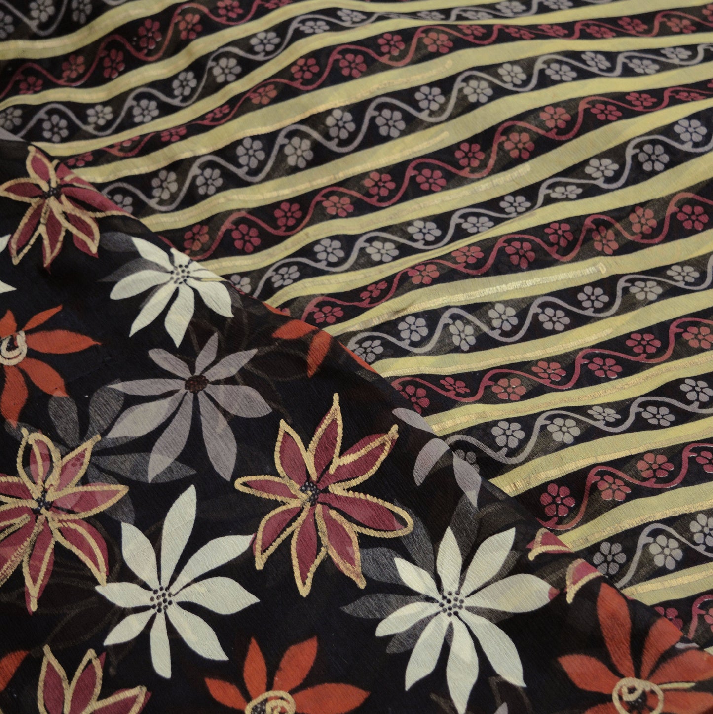 Indian Vintage Sari Black Pure Chiffon Silk hand Painted Saree Craft Fabric Sewing 5Yard Soft Light Sari Floral Dress Making