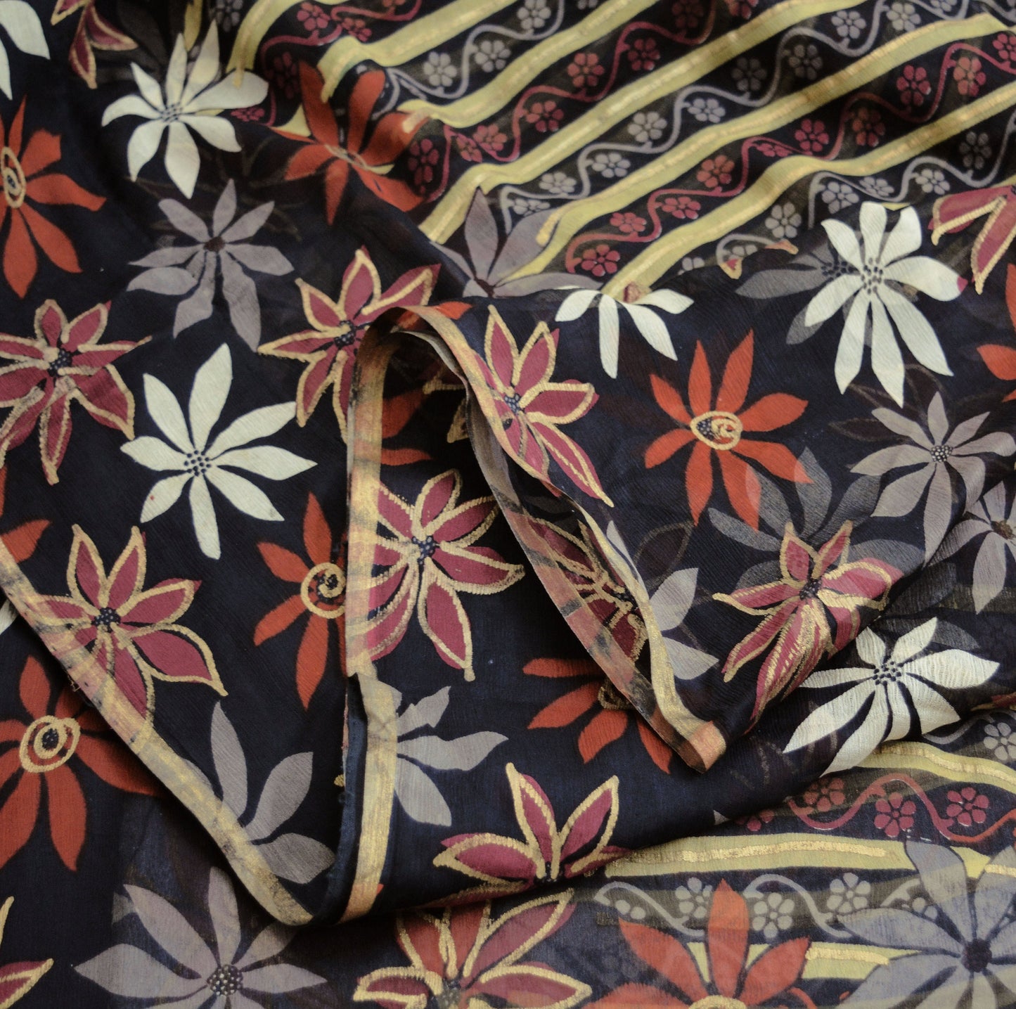 Indian Vintage Sari Black Pure Chiffon Silk hand Painted Saree Craft Fabric Sewing 5Yard Soft Light Sari Floral Dress Making