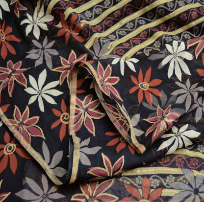 Indian Vintage Sari Black Pure Chiffon Silk hand Painted Saree Craft Fabric Sewing 5Yard Soft Light Sari Floral Dress Making