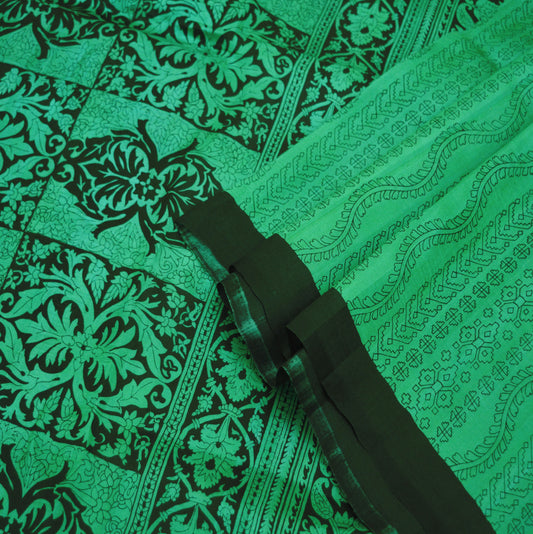 Indian Vintage Sari Black & Green 100% Pure Silk Printed Saree Fabric 5yard Sewing Craft DressMaking  Soft Paisley