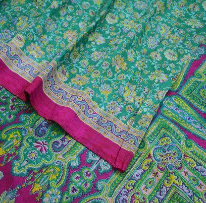 Indian Vintage Sari Pink & Green Pure Silk Printed Saree 5yd Sewing Craft Fabric DressMaking  Soft Floral Ethnic