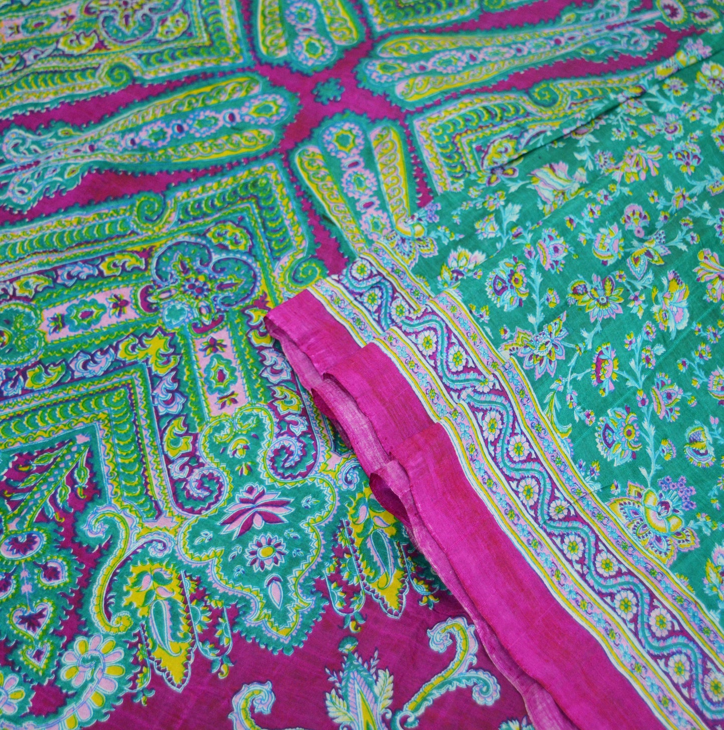 Indian Vintage Sari Pink & Green Pure Silk Printed Saree 5yd Sewing Craft Fabric DressMaking  Soft Floral Ethnic