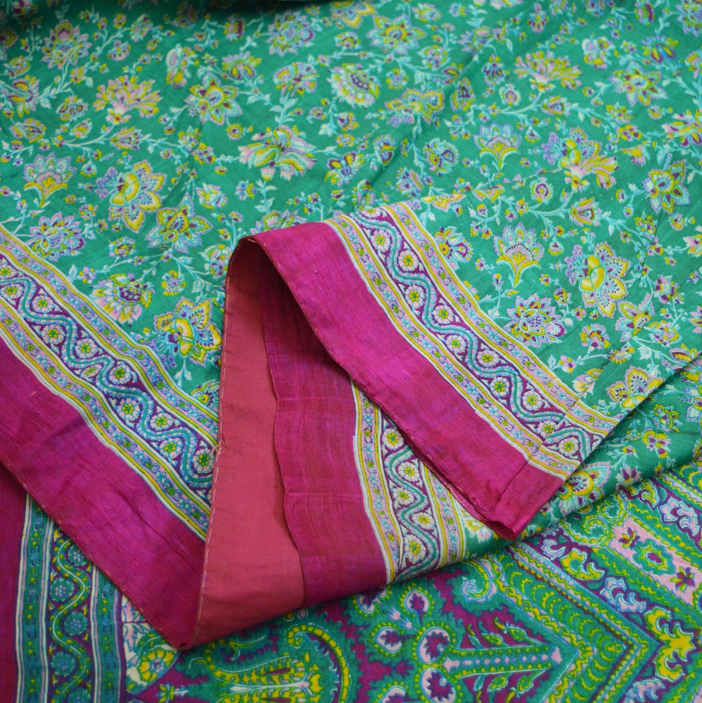 Indian Vintage Sari Pink & Green Pure Silk Printed Saree 5yd Sewing Craft Fabric DressMaking  Soft Floral Ethnic