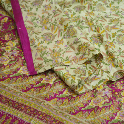 Indian Vintage Sari Ivory & Pink Pure Silk Printed Saree 5yard Sewing Craft Fabric DressMaking  Soft Wrap