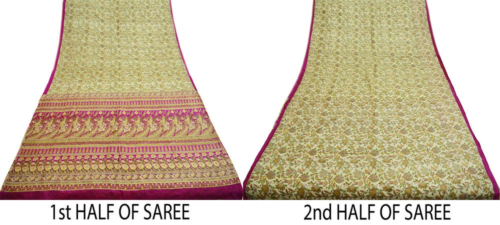 Indian Vintage Sari Ivory & Pink Pure Silk Printed Saree 5yard Sewing Craft Fabric DressMaking  Soft Wrap