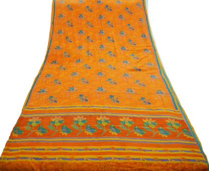 Indian Vintage Sari Orange Pure Crepe Silk Printed Saree 5yard Sewing Floral Soft Craft Fabric Wrap