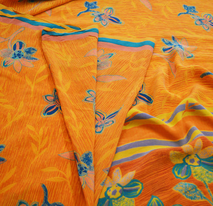 Indian Vintage Sari Orange Pure Crepe Silk Printed Saree 5yard Sewing Floral Soft Craft Fabric Wrap