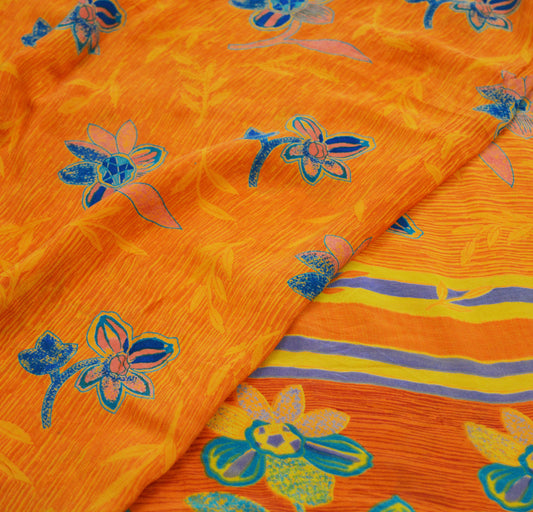 Indian Vintage Sari Orange Pure Crepe Silk Printed Saree 5yard Sewing Floral Soft Craft Fabric Wrap