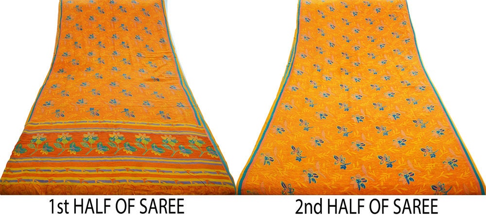 Indian Vintage Sari Orange Pure Crepe Silk Printed Saree 5yard Sewing Floral Soft Craft Fabric Wrap