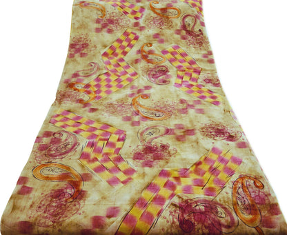 Indian Vintage Sari Beige Pure Crepe Silk Printed Saree 5yard Sewing Floral Soft Craft Fabric Wrap