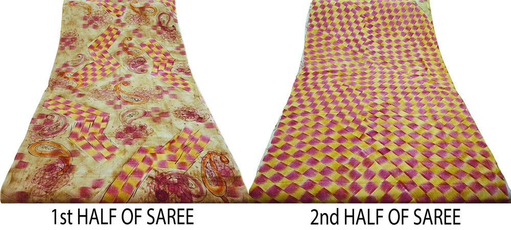 Indian Vintage Sari Beige Pure Crepe Silk Printed Saree 5yard Sewing Floral Soft Craft Fabric Wrap