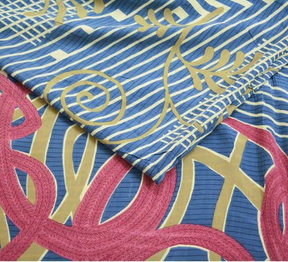 Indian Vintage Sari Blue Pure Crepe Silk Printed Saree 5yard Sewing Floral Soft Craft Fabric Wrap