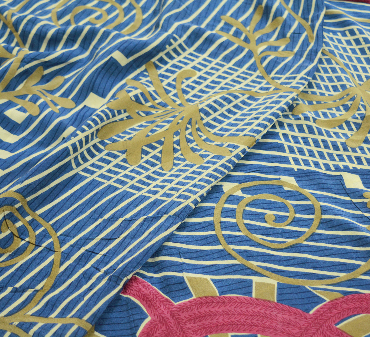 Indian Vintage Sari Blue Pure Crepe Silk Printed Saree 5yard Sewing Floral Soft Craft Fabric Wrap