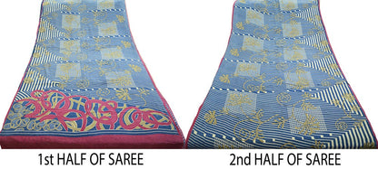 Indian Vintage Sari Blue Pure Crepe Silk Printed Saree 5yard Sewing Floral Soft Craft Fabric Wrap