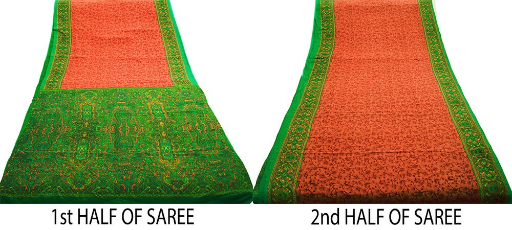 EXCELLENT QUALITY Indian Vintage Orange & Green Saree Pure Crepe Silk Printed Indian Sari Fabric 5yard Sewing Floral Soft Craft Fabric Wrap