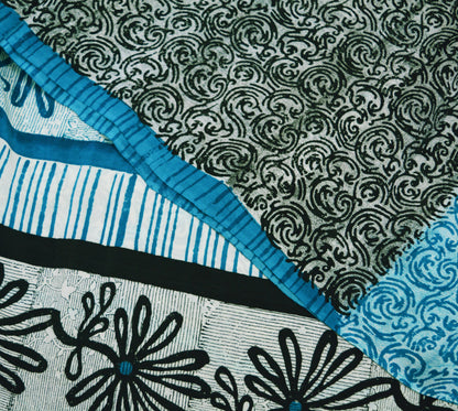 Indian Vintage Sari White & Blue Pure Crepe Silk Printed Saree 5yard Sewing Floral Soft Craft Fabric Wrap