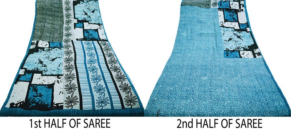 Indian Vintage Sari White & Blue Pure Crepe Silk Printed Saree 5yard Sewing Floral Soft Craft Fabric Wrap