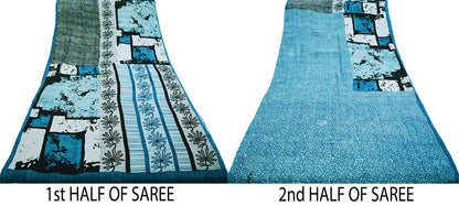 Indian Vintage Sari White & Blue Pure Crepe Silk Printed Saree 5yard Sewing Floral Soft Craft Fabric Wrap