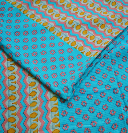 Indian Vintage Sari Blue Pure Crepe Silk Printed Saree 5yard Sewing Floral Soft Craft Fabric Wrap