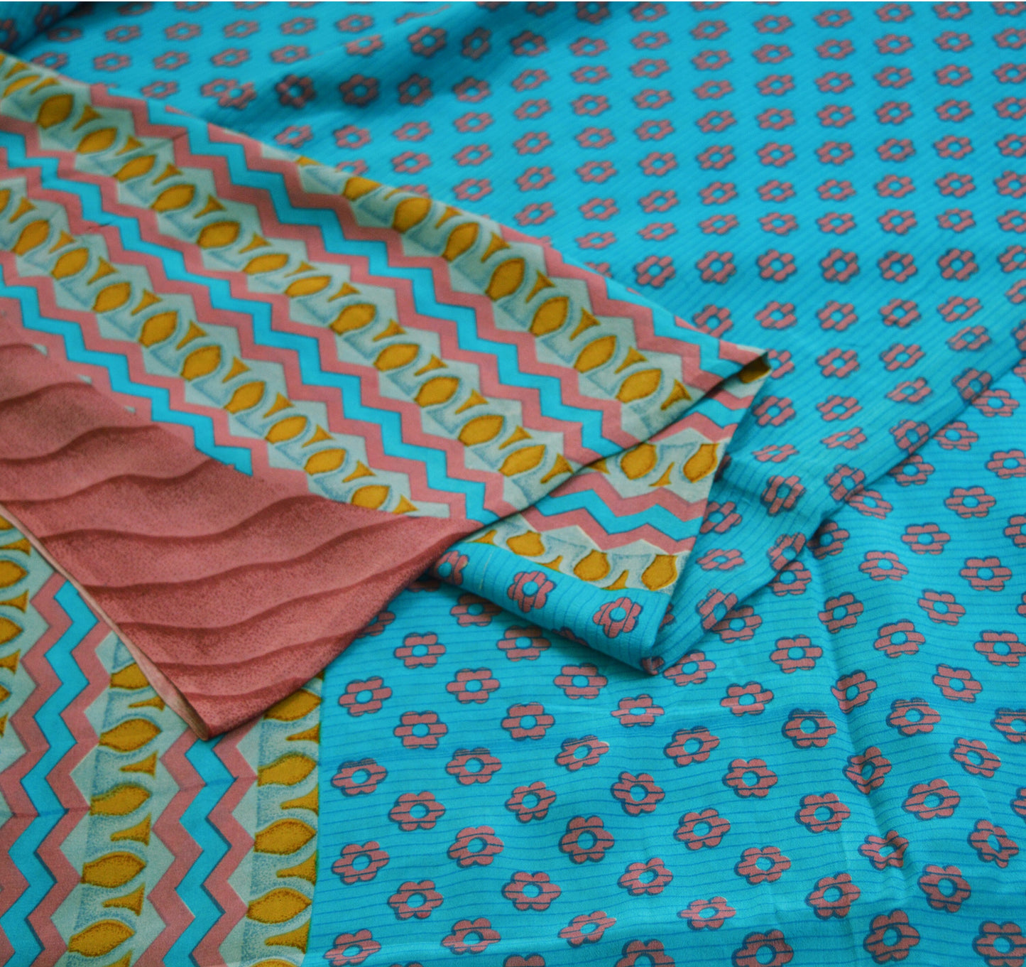 Indian Vintage Sari Blue Pure Crepe Silk Printed Saree 5yard Sewing Floral Soft Craft Fabric Wrap