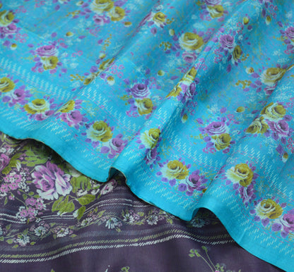 Indian Vintage Sari Blue Pure Silk Printed Saree Fabric 5yard Sewing Craft Fabric DressMaking Soft Wrap Floral