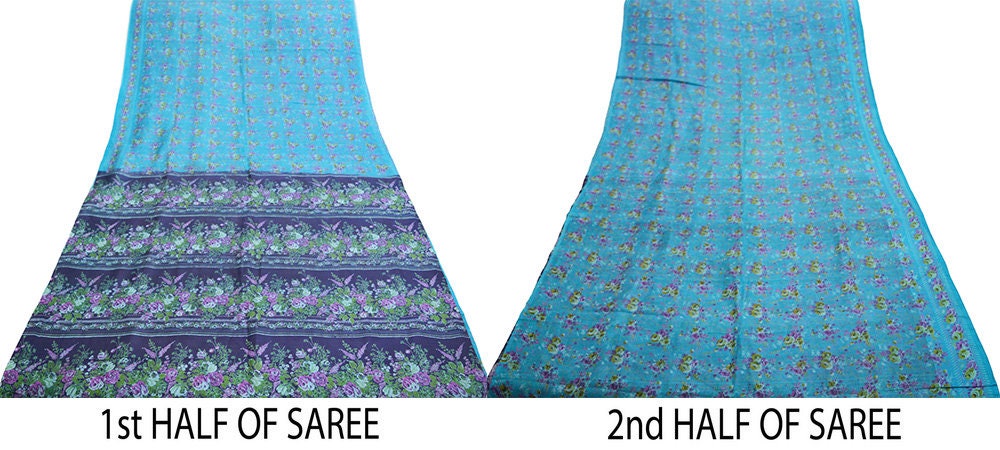 Indian Vintage Sari Blue Pure Silk Printed Saree Fabric 5yard Sewing Craft Fabric DressMaking Soft Wrap Floral