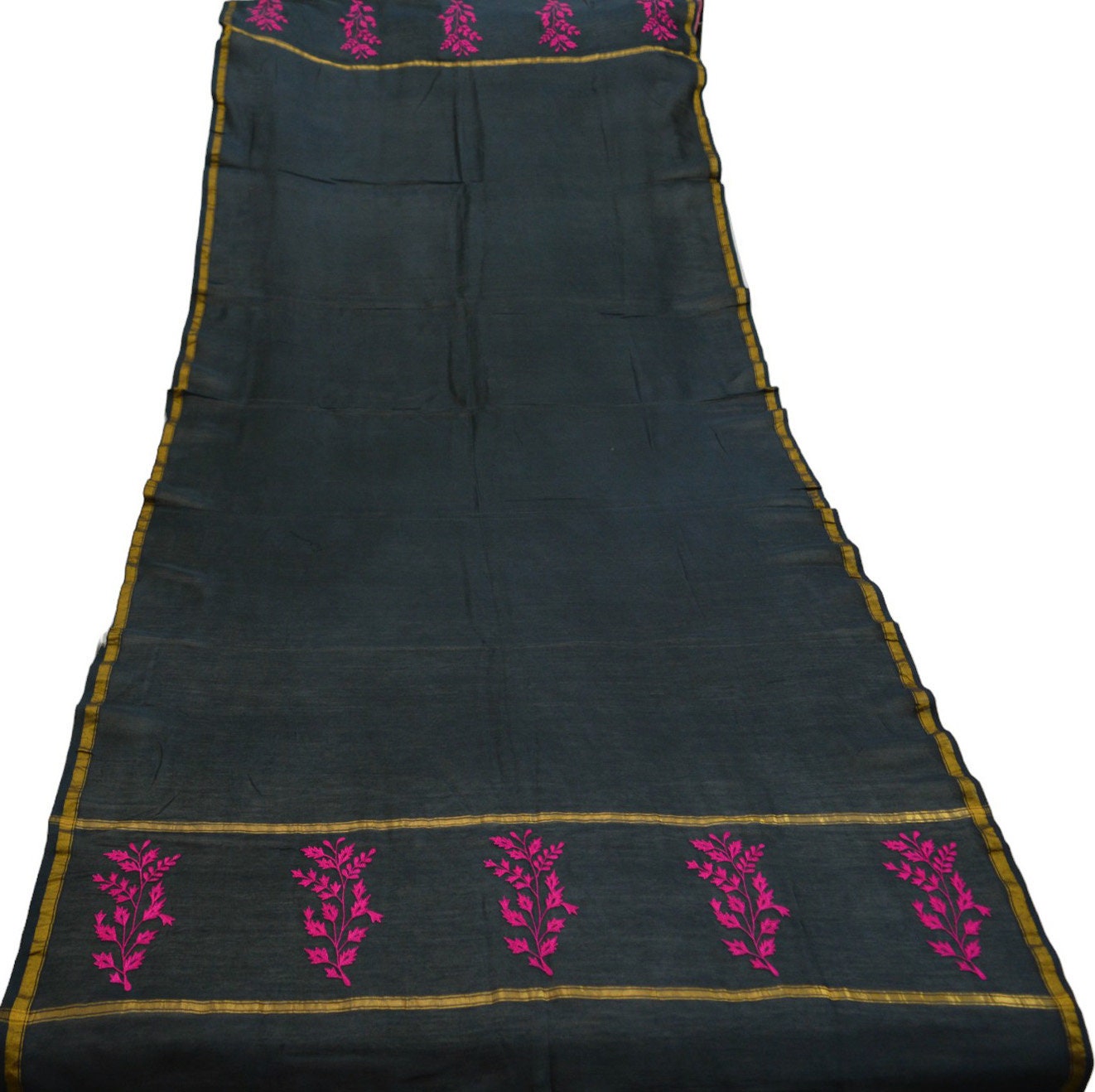 Indian Vintage Black Dupatta Long Stole Block Print Pure Chanderi Silk Indian Scarves Veil Zari