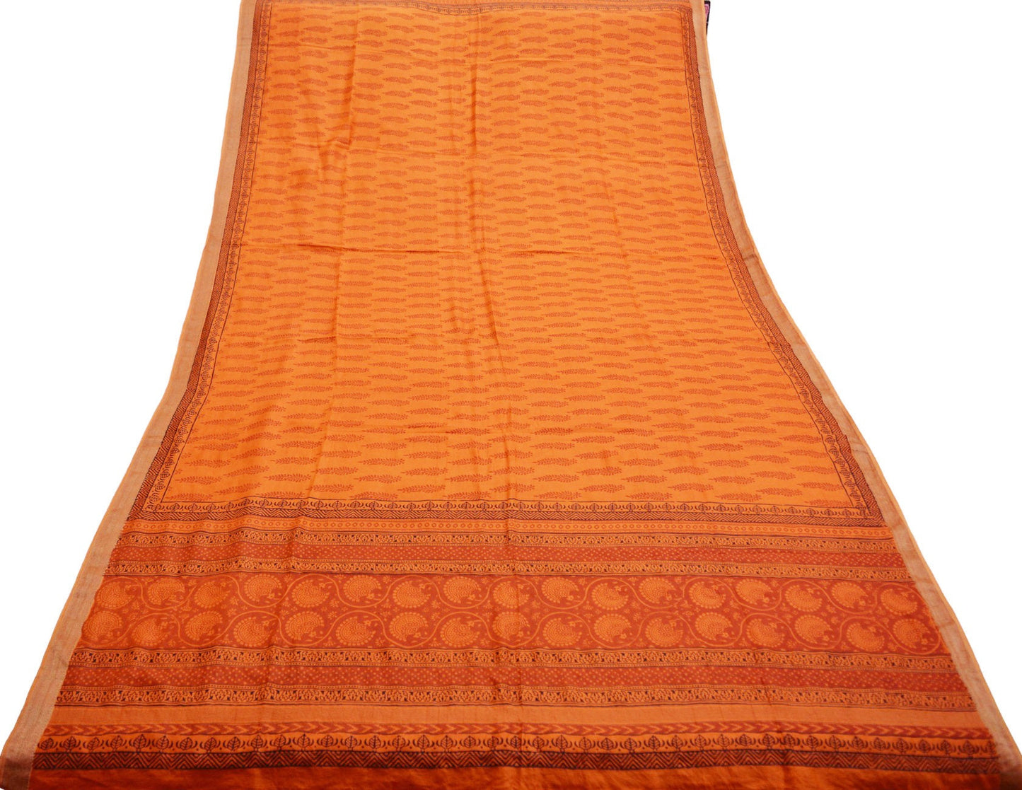 Indian Vintage Orange Dupatta Long Stole Block Print Pure Chanderi Silk Indian Scarves Veil Golden Zari Soft Floral Design