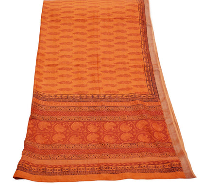 Indian Vintage Orange Dupatta Long Stole Block Print Pure Chanderi Silk Indian Scarves Veil Golden Zari Soft Floral Design