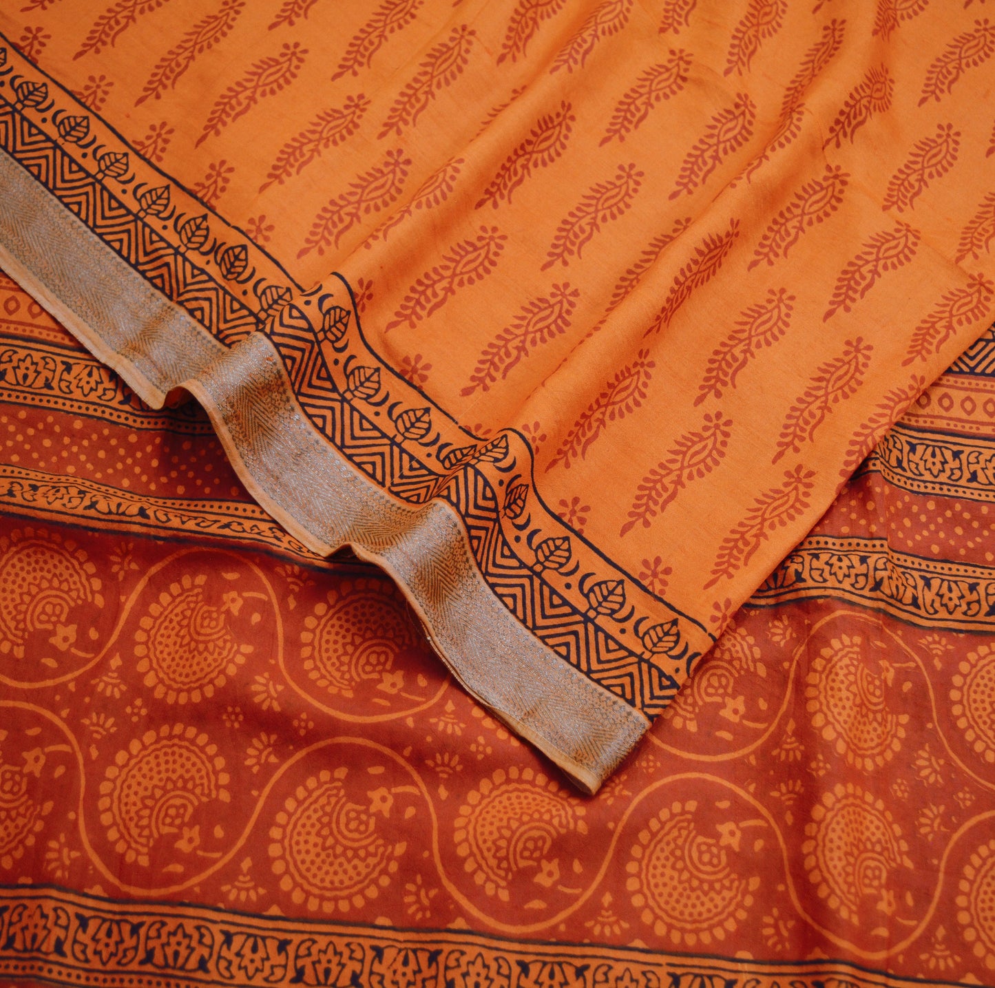 Indian Vintage Orange Dupatta Long Stole Block Print Pure Chanderi Silk Indian Scarves Veil Golden Zari Soft Floral Design