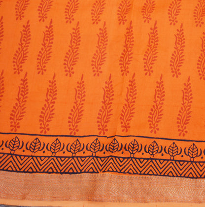 Indian Vintage Orange Dupatta Long Stole Block Print Pure Chanderi Silk Indian Scarves Veil Golden Zari Soft Floral Design