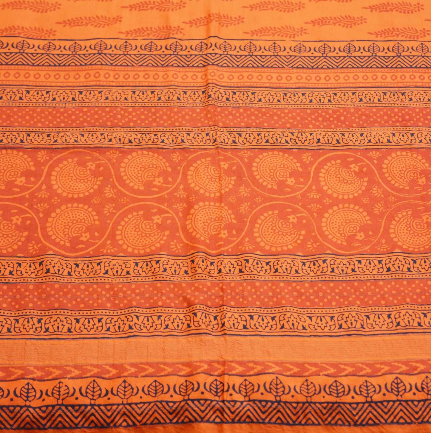 Indian Vintage Orange Dupatta Long Stole Block Print Pure Chanderi Silk Indian Scarves Veil Golden Zari Soft Floral Design