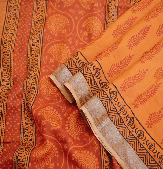 Indian Vintage Orange Dupatta Long Stole Block Print Pure Chanderi Silk Indian Scarves Veil Golden Zari Soft Floral Design