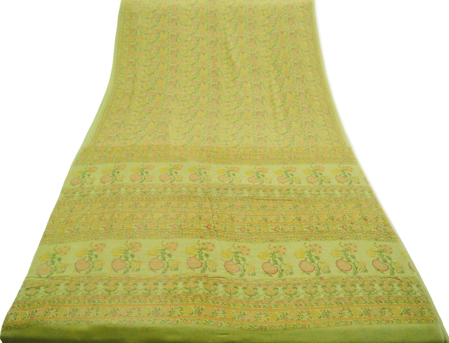 Indian Women Vintage Sari Lemon Green 100% Pure Georgette Silk Printed Saree Sewing 5yard Soft Craft Floral Design Wrap Boho