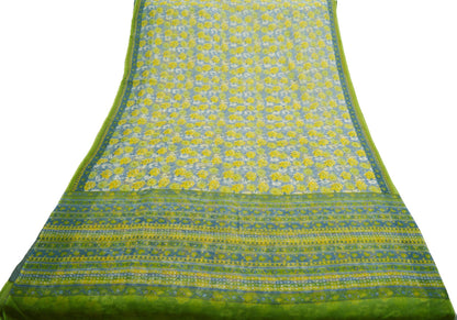 Indian Vintage Sari Gray & Green Pure Chiffon Silk Printed Indian Saree Craft Fabric Sewing 5Yard Soft Light Weight Sari Dress Making Floral