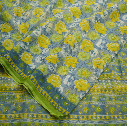 Indian Vintage Sari Gray & Green Pure Chiffon Silk Printed Indian Saree Craft Fabric Sewing 5Yard Soft Light Weight Sari Dress Making Floral