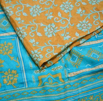 Indian Vintage Sari Saffron & Blue 100% Pure Silk Printed Saree Fabric 5yd Sewing Craft Fabric DressMaking Floral