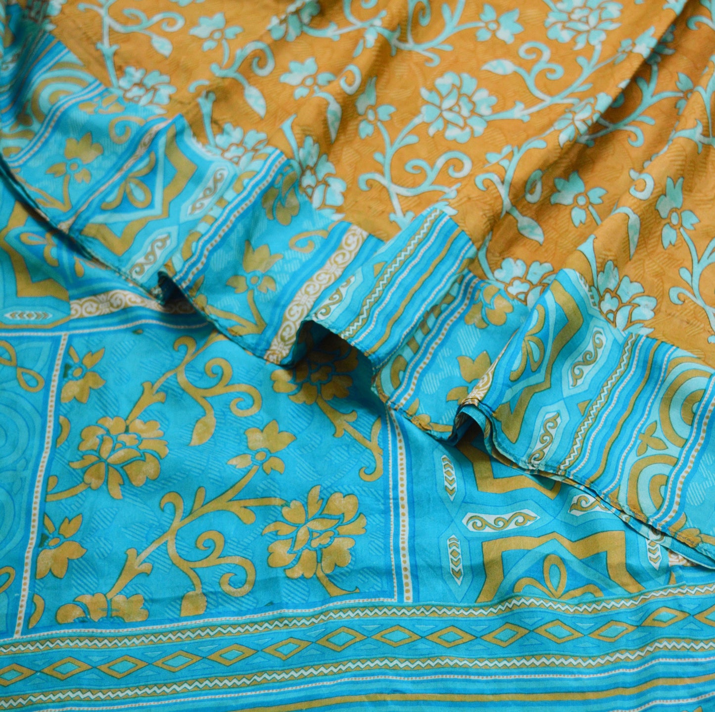 Indian Vintage Sari Saffron & Blue 100% Pure Silk Printed Saree Fabric 5yd Sewing Craft Fabric DressMaking Floral