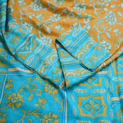 Indian Vintage Sari Saffron & Blue 100% Pure Silk Printed Saree Fabric 5yd Sewing Craft Fabric DressMaking Floral