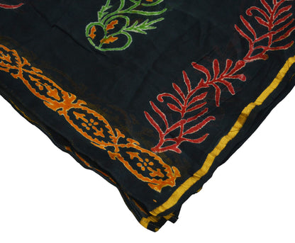 Indian Vintage Black Dupatta Long Stole Block Print Pure Chanderi Silk Indian Scarves Veil Golden Zari