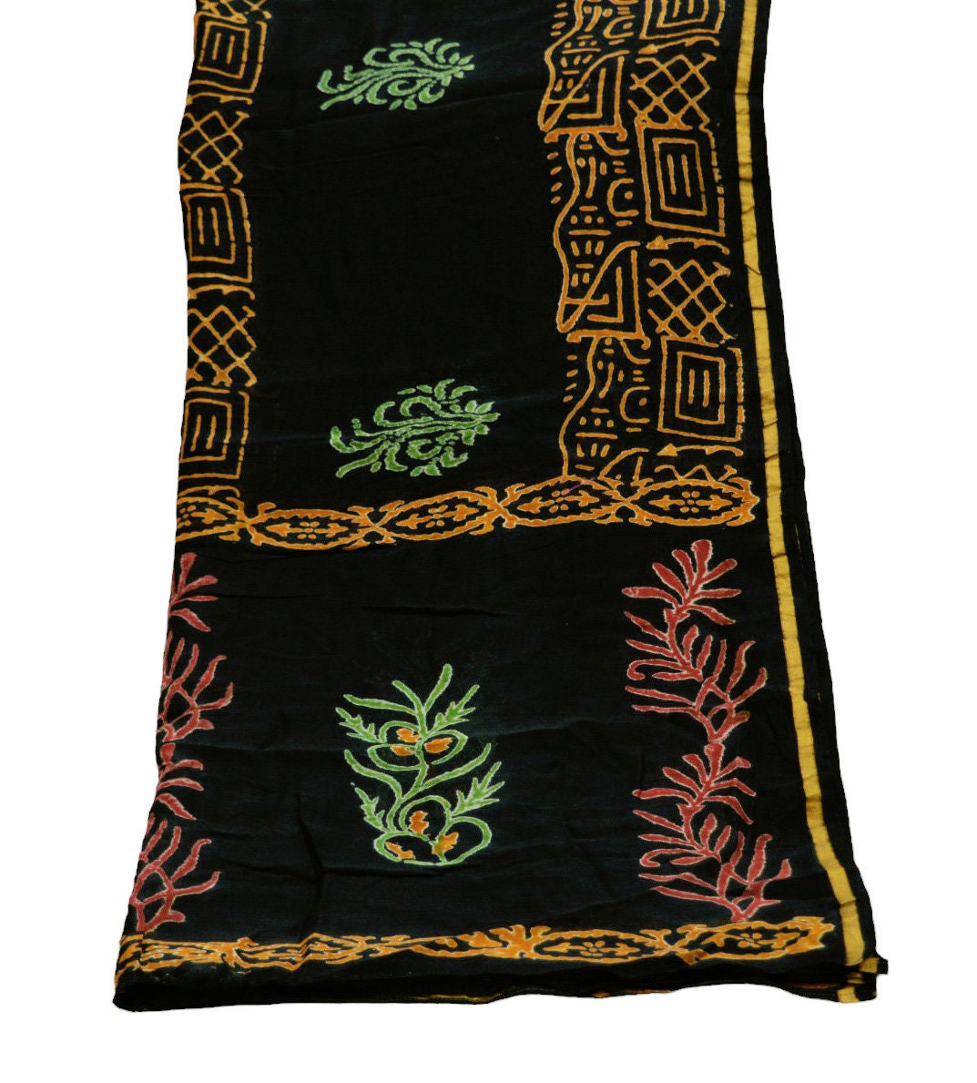 Indian Vintage Black Dupatta Long Stole Block Print Pure Chanderi Silk Indian Scarves Veil Golden Zari