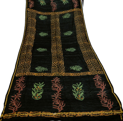 Indian Vintage Black Dupatta Long Stole Block Print Pure Chanderi Silk Indian Scarves Veil Golden Zari