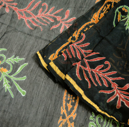 Indian Vintage Black Dupatta Long Stole Block Print Pure Chanderi Silk Indian Scarves Veil Golden Zari