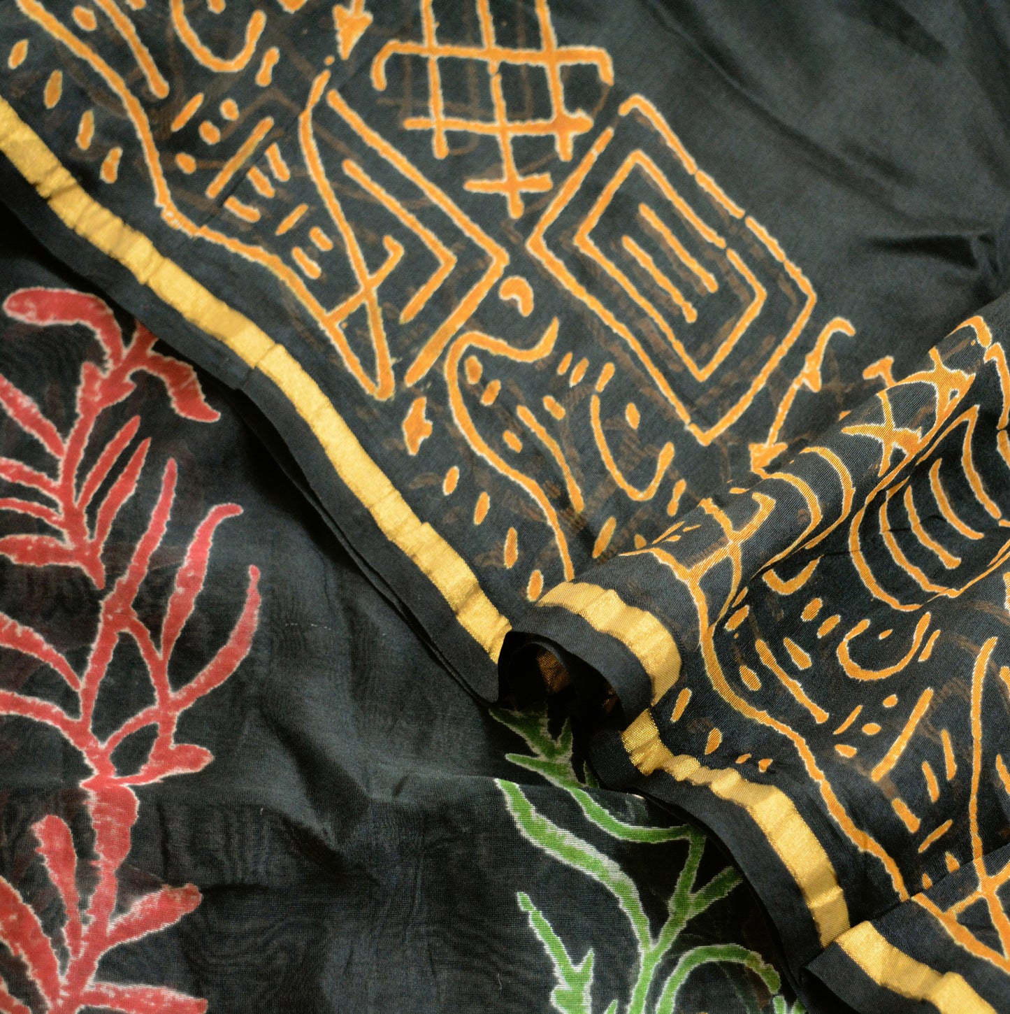 Indian Vintage Black Dupatta Long Stole Block Print Pure Chanderi Silk Indian Scarves Veil Golden Zari