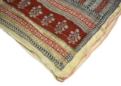 Indian Cream & Red Vintage Dupatta Long Stole Block Print Pure Chanderi Silk Indian Scarves Veil Golden Zari Soft Floral