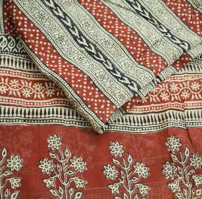 Indian Cream & Red Vintage Dupatta Long Stole Block Print Pure Chanderi Silk Indian Scarves Veil Golden Zari Soft Floral