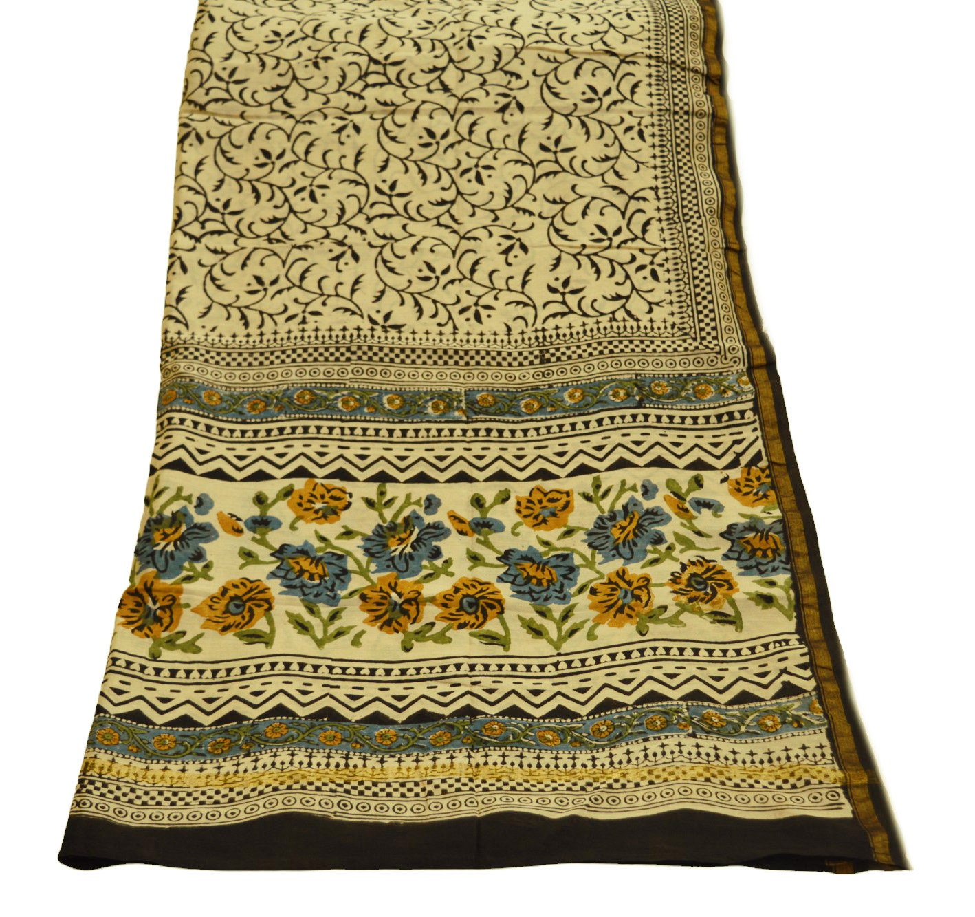 Indian Vintage Ivory Dupatta Long Stole Block Print Pure Silk Indian Scarves Veil Golden Zari Soft Floral Design